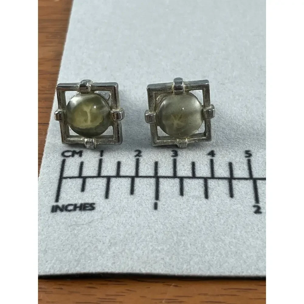 VTG MCM Brutalist Silver Tone Cufflinks Olive Gray Cabachon Whimsygoth Goth